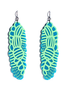 Grevillea earrings-etch-long-teal green